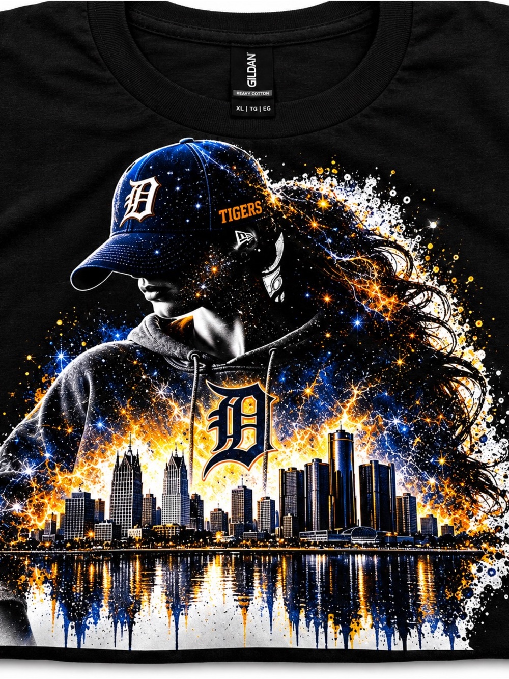 Gildan Black Detroit Tigers Skyline Graphic Tee with Blue and Orange Accents